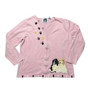 Vintage 90s Storybook Knits Dog Cardigan L Sequin Cocker Spaniel Sweater HSN